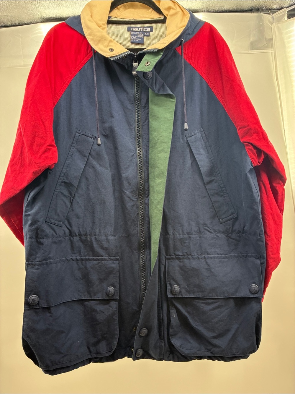 Nautica Navy, Red & Tan Hooded Colorblock Windbreaker